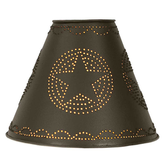 A conical tin shade with a brown finish, featuring a star design punctured in the center and a scalloped edge.