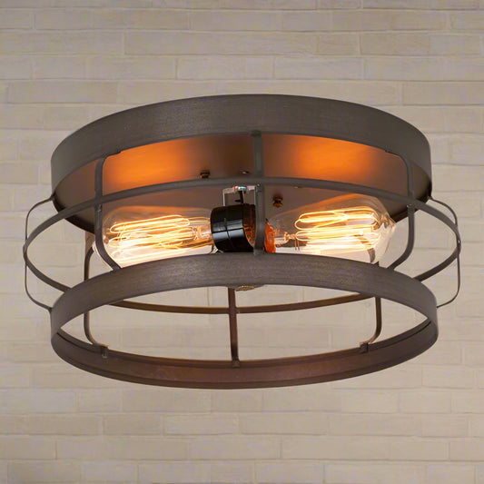 A ceiling-mounted flush mount light with a round strap design, featuring two visible bulbs and a brown finish.