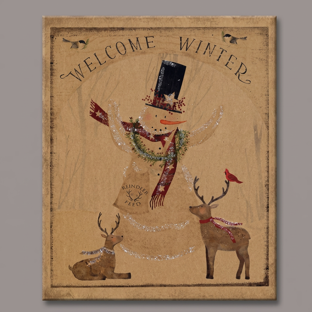 Canvas print with the words "Welcome Winter" over an illustration of a snowman and two reindeer