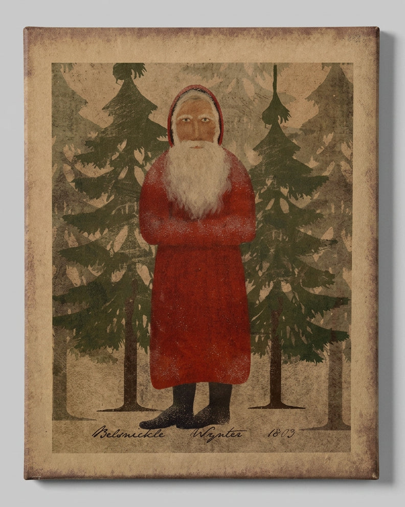 A canvas print featuring a vintage-style illustration of Santa Claus standing in a forest setting, predominantly red with green trees in the background.