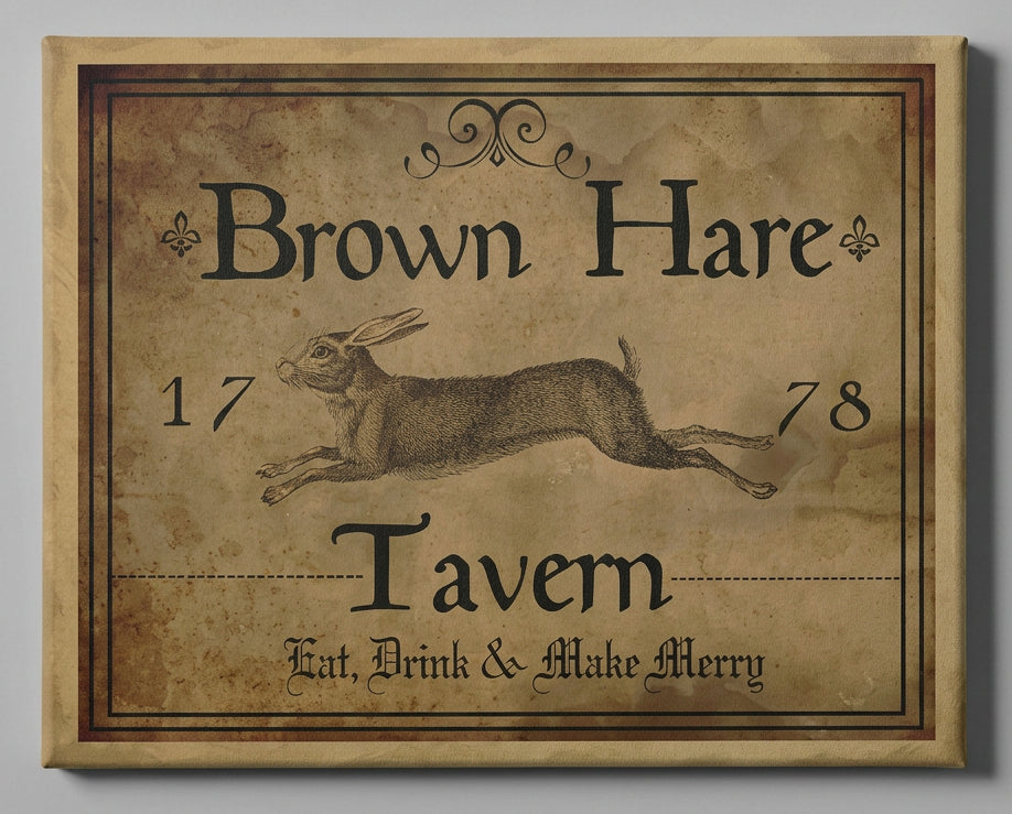 A canvas print featuring a traditional brown hare design with the text 'BROWN HARE TAVERN' and 'EAT. DRINK. & MAKE MERRY'.