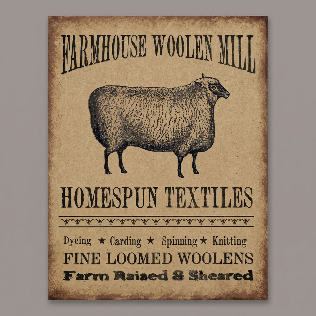 Canvas print with an illustration of a sheep advertising homespun textiles and fine loomed woolens