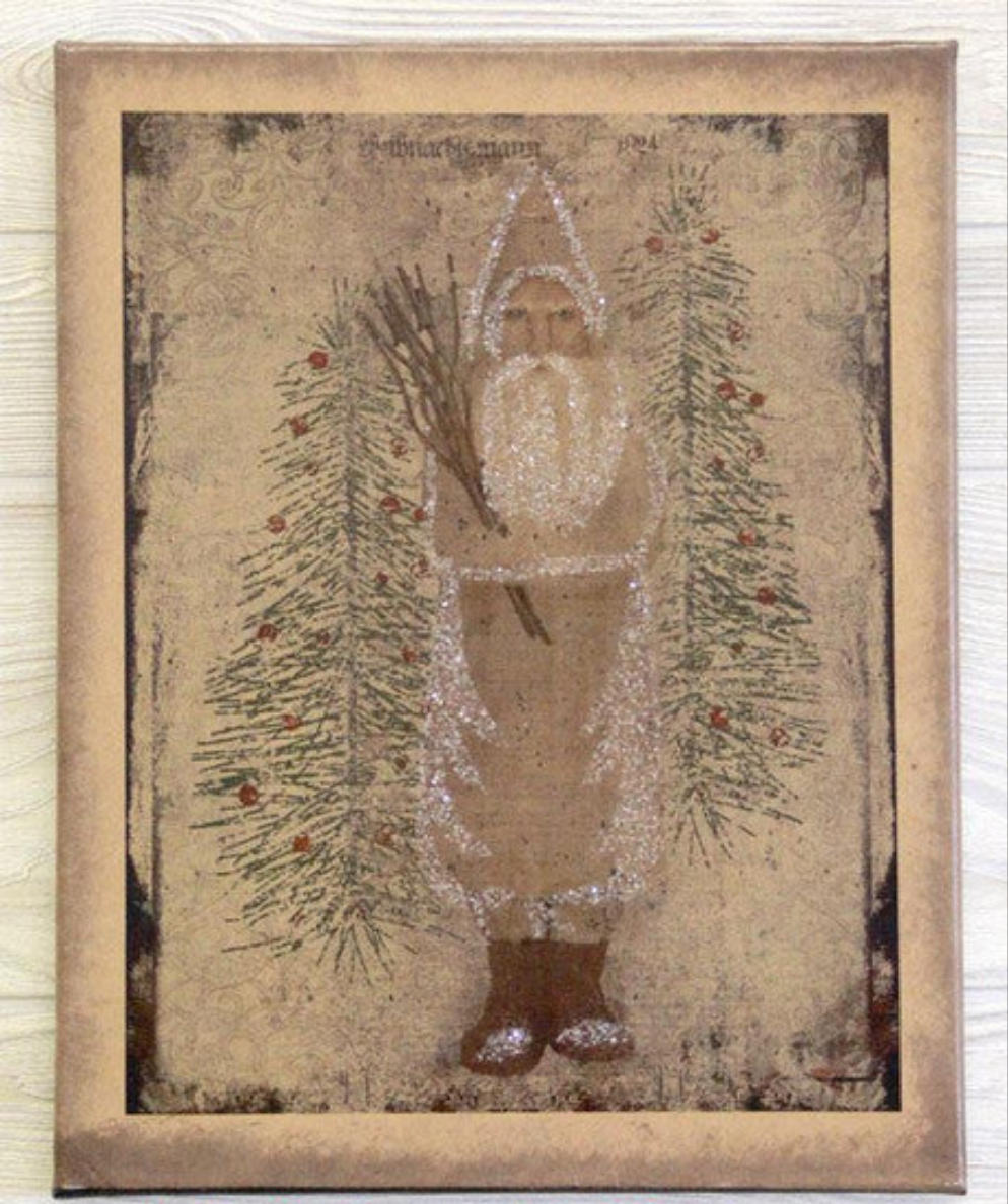 Canvas print depicting a Belsnickel holding a switch next to two feather trees