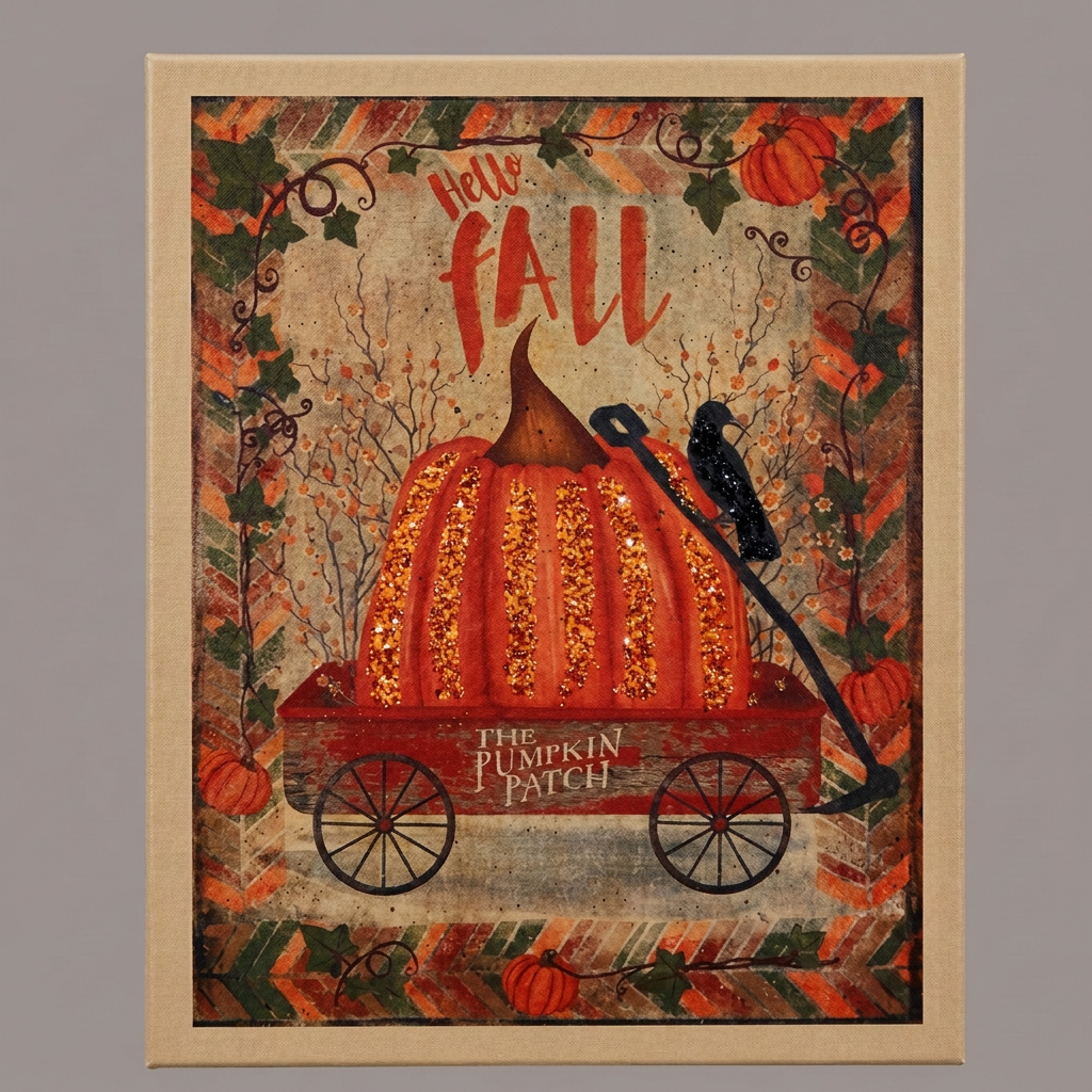 Canvas print with a wagon holding a pumpkin and crow with the words "Hello Fall"