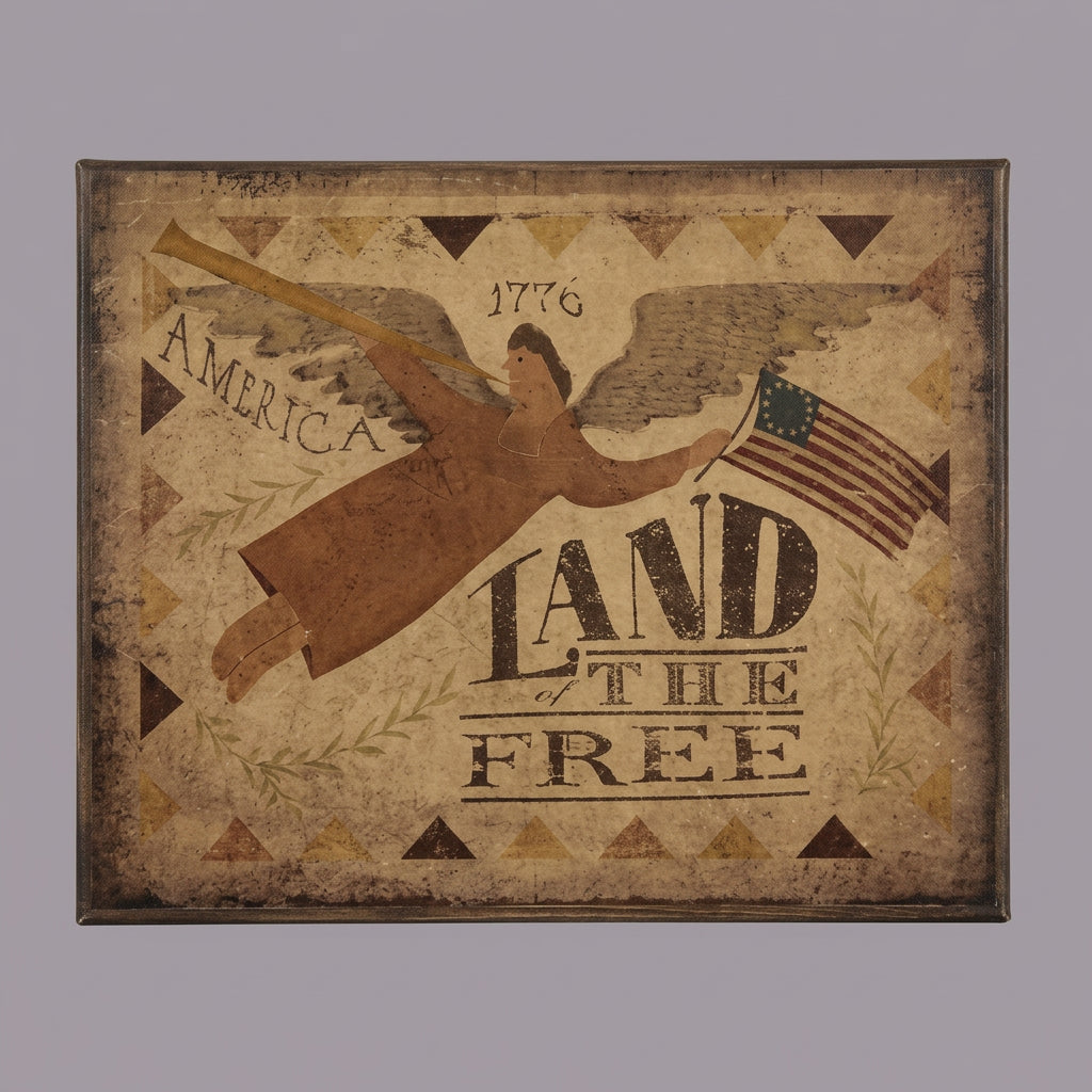 Vintage-style poster with a silhouette of a person holding an American flag and text 'America 1776 Land of the Free' on a textured background.