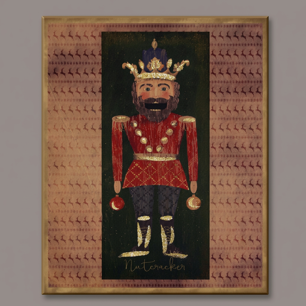 Canvas print with an illustration of a nutcracker with a crown surrounded by rows of prancing reindeer