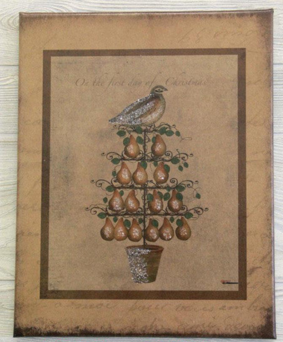 Canvas print featuring a potted pear tree with a partridge sitting on top