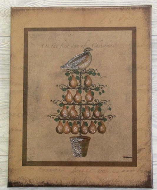 Canvas print featuring a potted pear tree with a partridge sitting on top