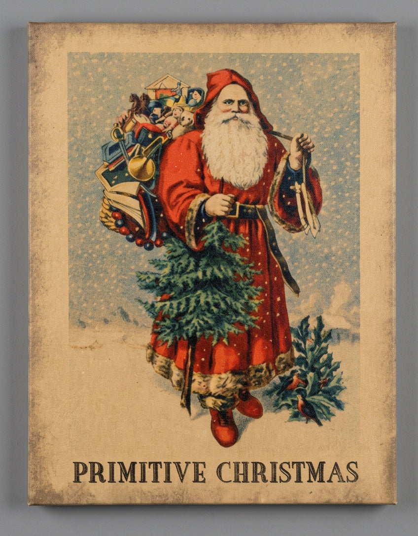 A canvas print featuring a vintage Christmas design with Santa Claus, reindeer, and a Christmas tree.