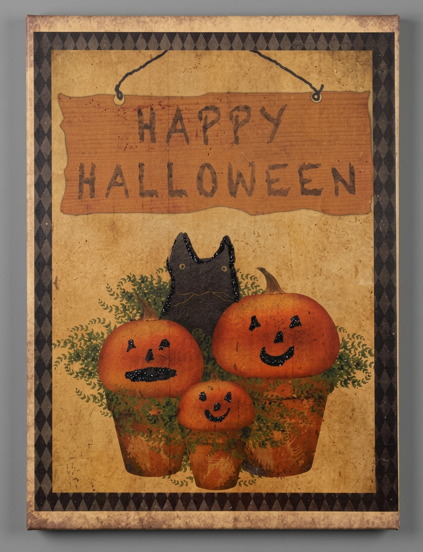 Canvas print the words "Happy Halloween" over a group of three potted pumpkins and a black cat