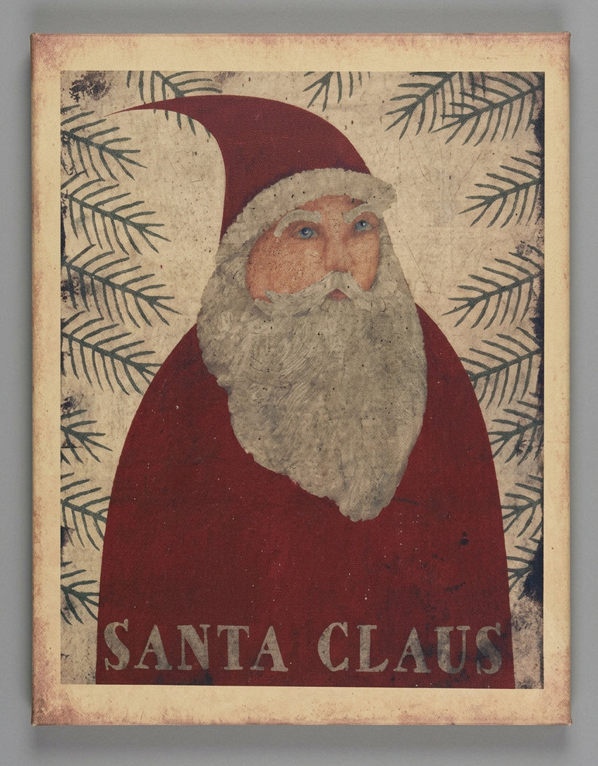 A canvas print featuring a traditional design of Santa Claus with a red hat and a beard, surrounded by a Christmas-themed pattern including pine branches and snowflakes, and the text 'Santa Claus' at the bottom.