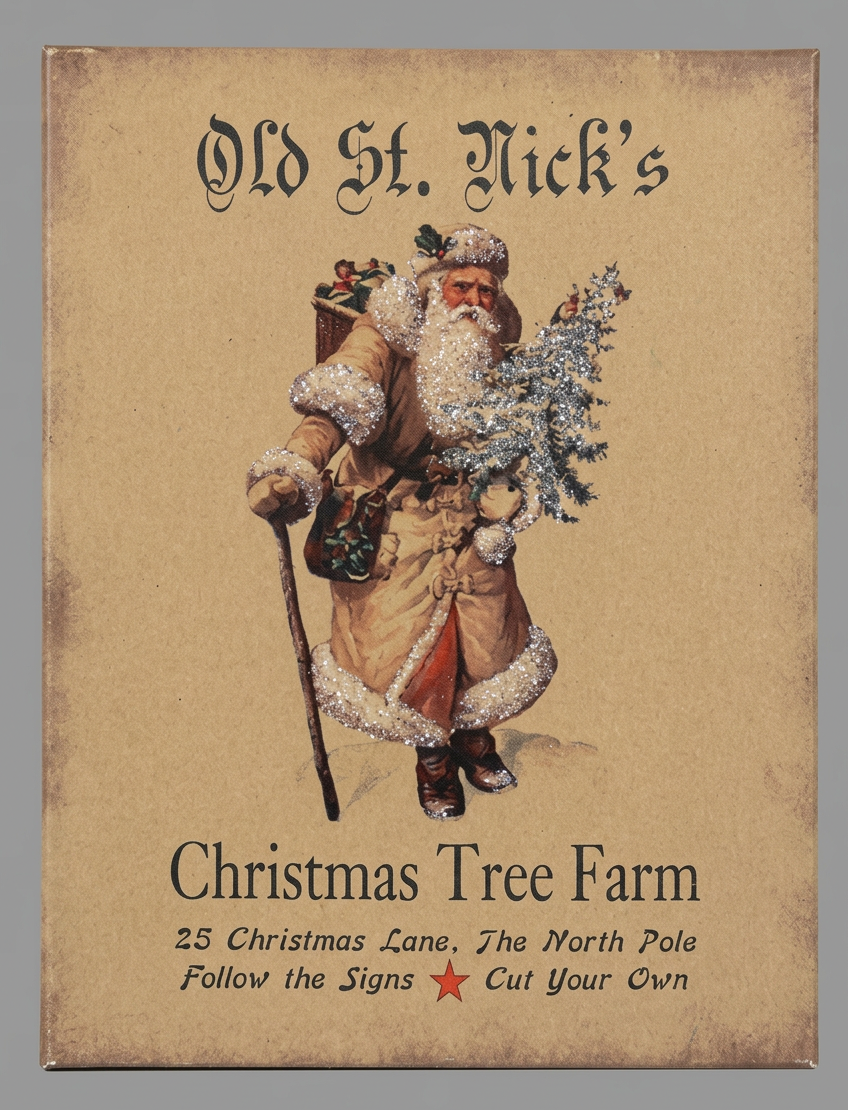 Canvas print featuring an illustration of St. Nick advertising his Christmas Tree Farm