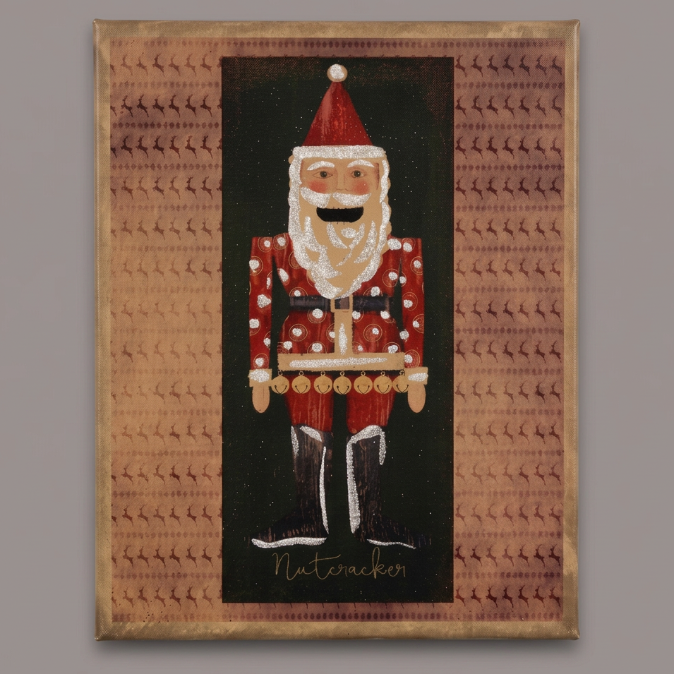Canvas print featuring an illustration of a nutcracker surrounded by rows of prancing reindeer