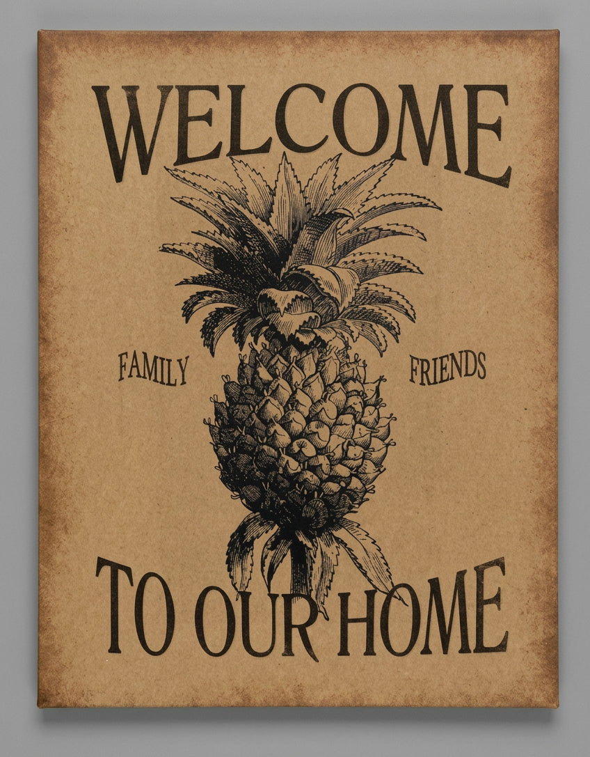 A canvas print with a pineapple design and the text 'Welcome to our home'.