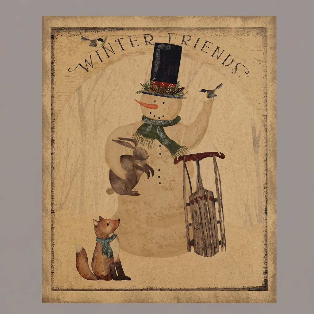 Canvas print with a snowman holding a bunny and sleigh with a fox standing next to him with the words "Winter Friends" above the scene