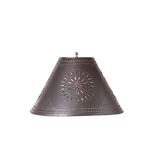 A 12-inch smokey black metal flared lamp shade with a punched chisel design and a spider shade fitting.