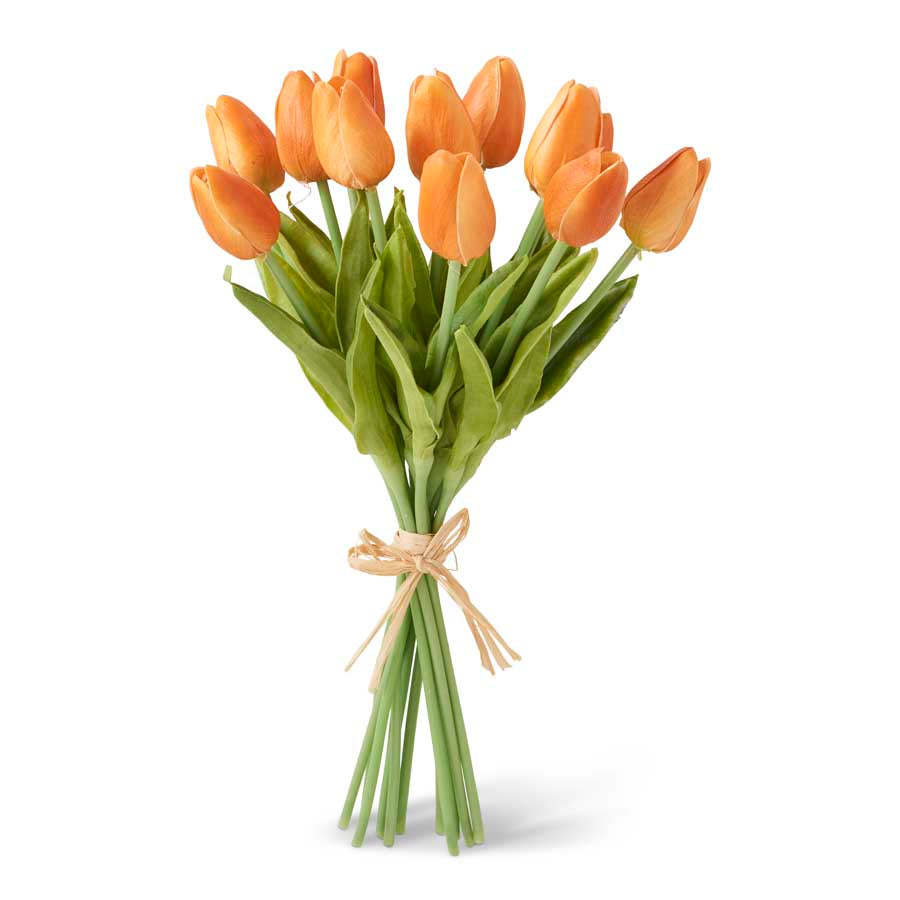 A bunch of 13 inch orange artificial real touch mini tulips bundled together with green stems and tied with a ribbon.