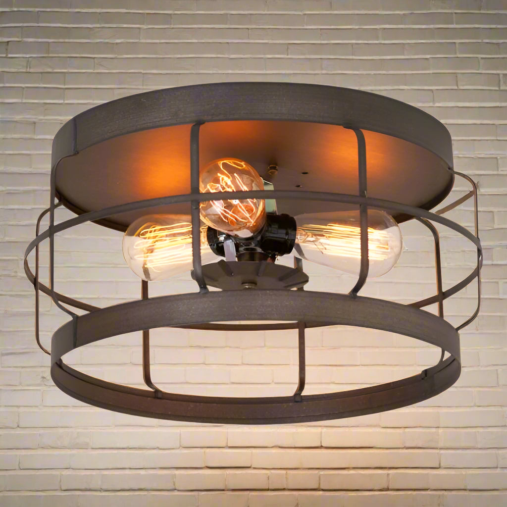 A bronze-colored 13-inch round strap flush mount ceiling light with multiple bulb sockets.