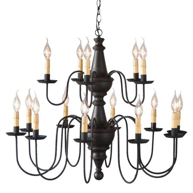 A two-tiered wooden chandelier with a black finish, featuring textured arms and crimped pans, with 15 E12/Candelabra sockets.