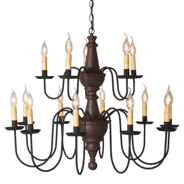 A two-tier wooden chandelier with espresso finish, 15 black textured arms, and hanging lights.