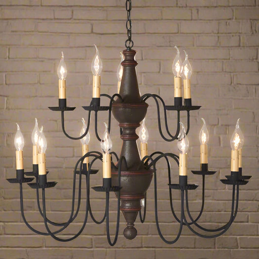 A two-tier wooden chandelier with espresso finish, 15 black textured arms, and hanging lights.