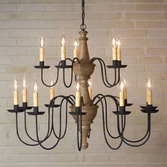 A two-tier wooden chandelier with pearwood finish and black textured arms, featuring 15 E12/Candelabra sockets.