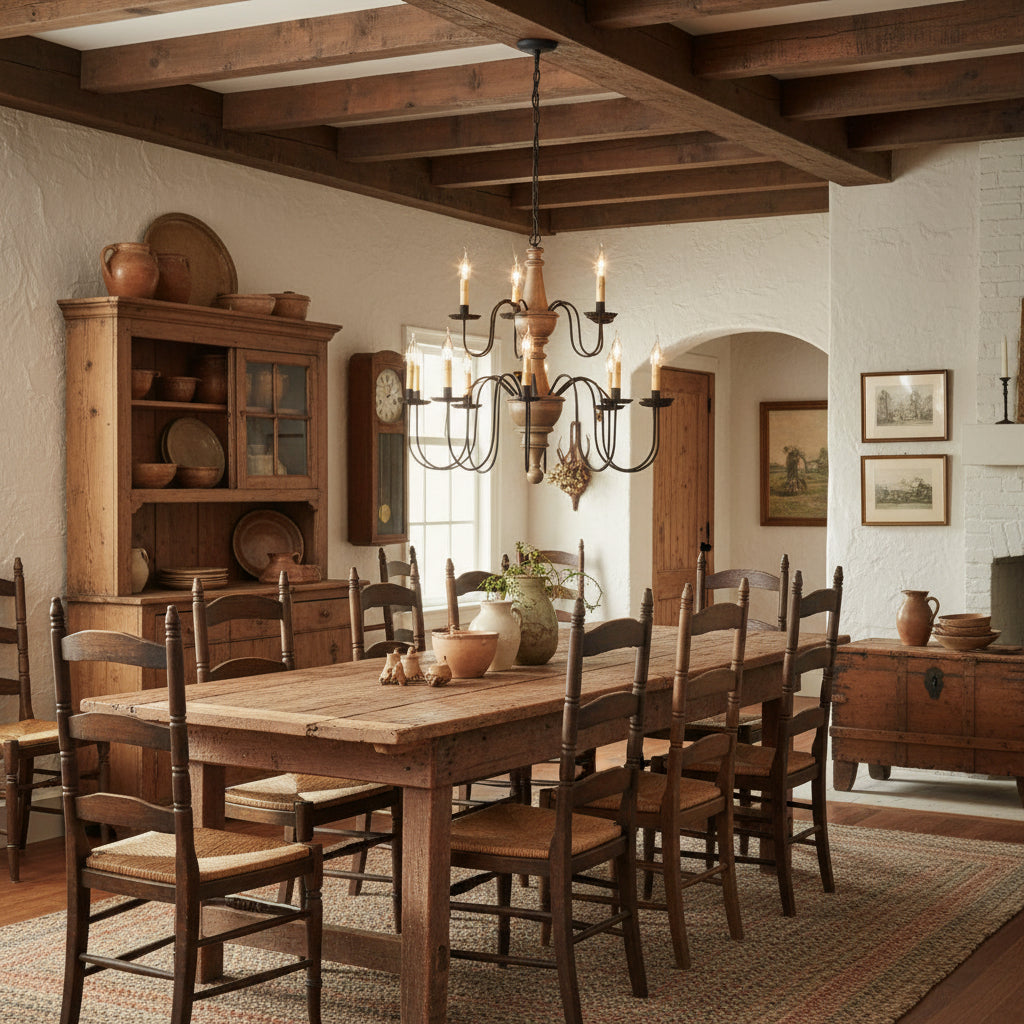A two-tier wooden chandelier with pearwood finish and black textured arms hanging in primitive dining room over table.