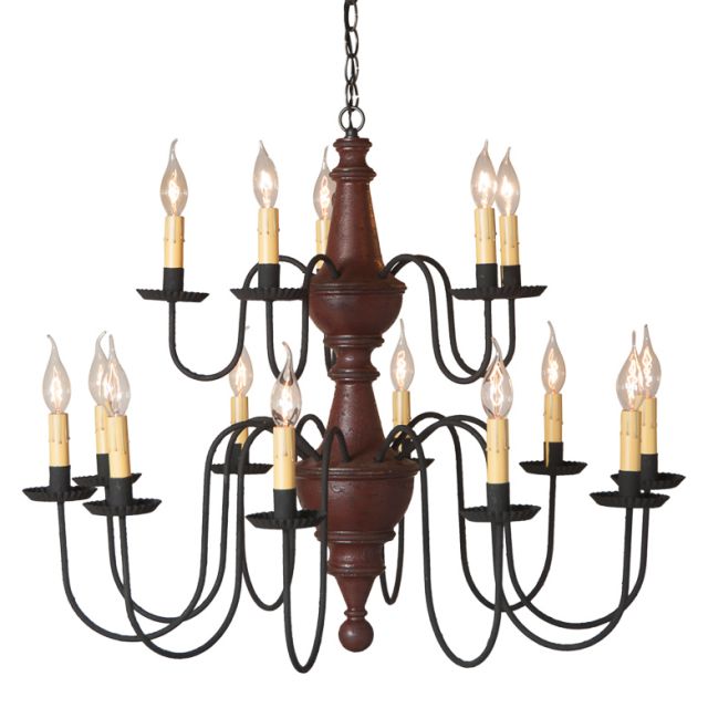 A two-tier wooden chandelier with a plantation red finish and black textured arms, featuring 15 E12/Candelabra sockets.