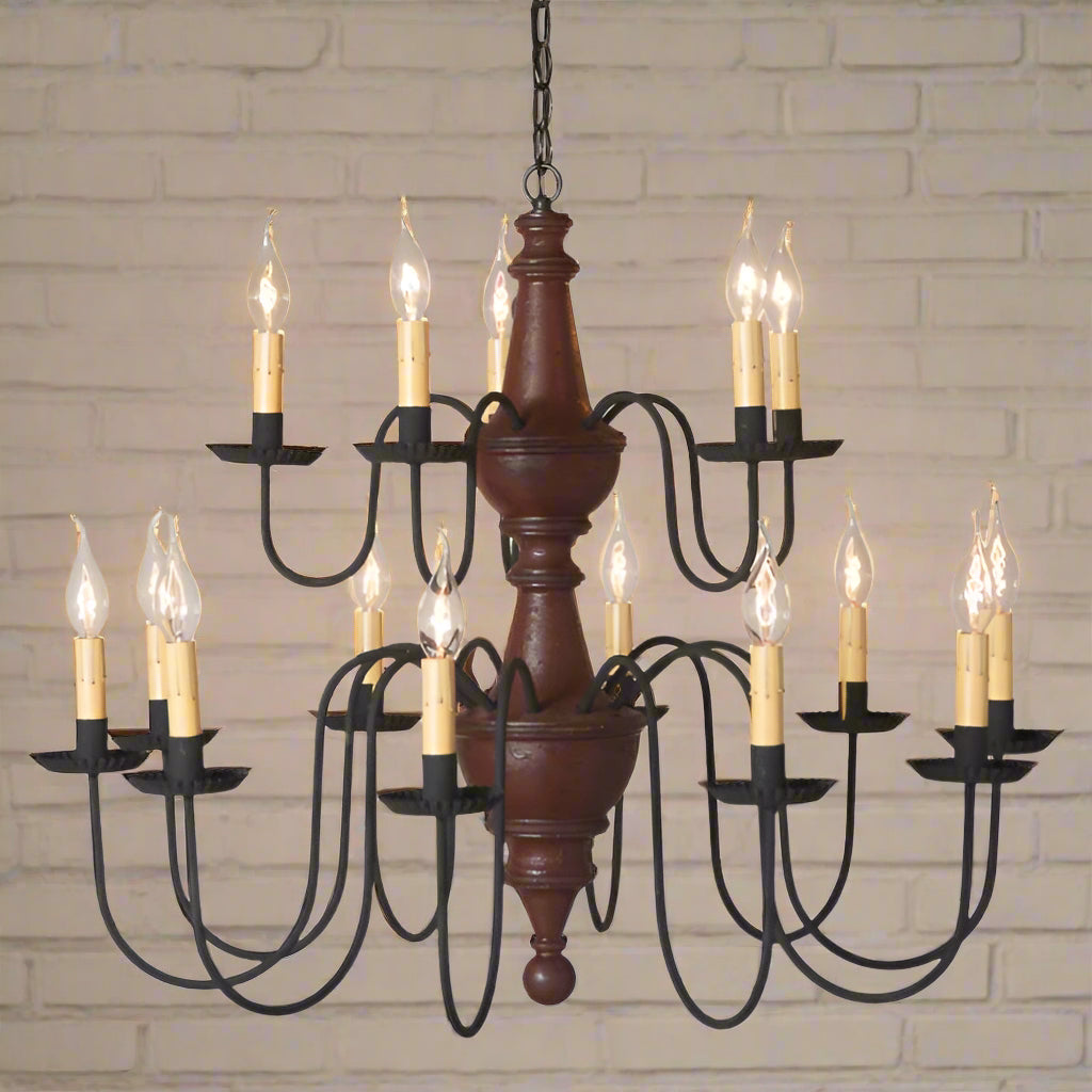 A two-tier wooden chandelier with a plantation red finish and black textured arms, featuring 15 E12/Candelabra sockets.