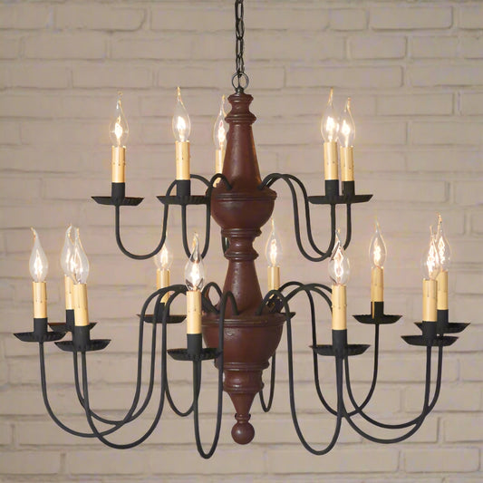 A two-tier wooden chandelier with a plantation red finish and black textured arms, featuring 15 E12/Candelabra sockets.