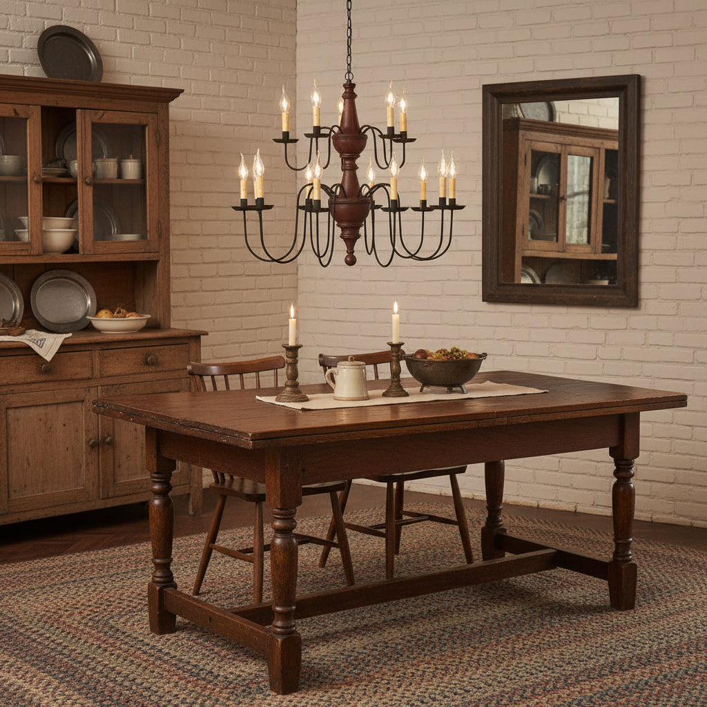 A two-tier wooden chandelier with a plantation red finish and black textured arms hanging over table in colonial home.