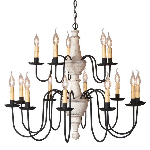 A two-tier chandelier with a vintage white textured finish and black arms, featuring 15 E12/Candelabra sockets.