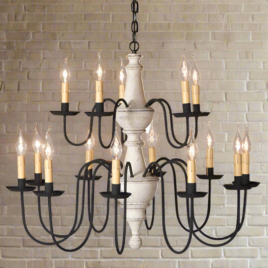 A two-tier chandelier with a vintage white textured finish and black arms, featuring 15 E12/Candelabra sockets.