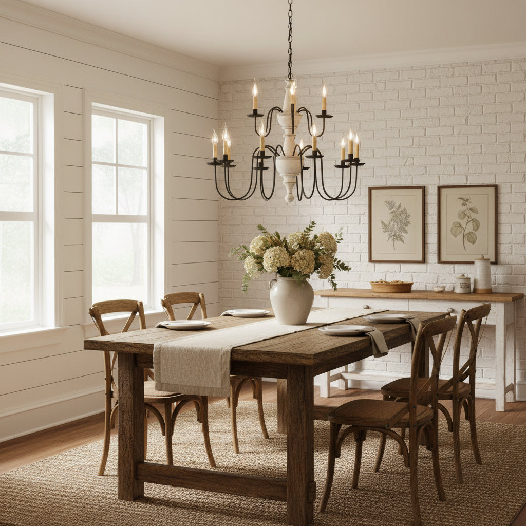 A two-tier chandelier with a vintage white textured finish and black arms, featuring 15 E12/Candelabra sockets hanging over table in farmhouse dining room.