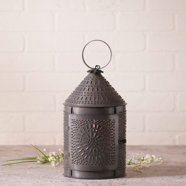 A 15-inch kettle black metal fireside lantern with a punch pattern design, featuring a glass door and a top handle for hanging.