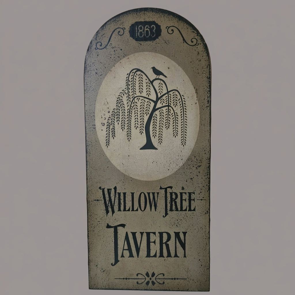 Decorative sign for Willow Tree Tavern with tree and bird design on a wooden background
