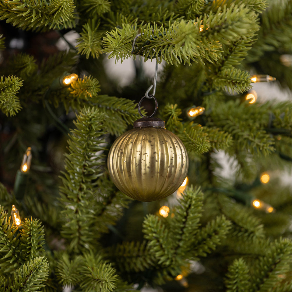 Gold ornament hanging on a decorated Christmas tree with lights.