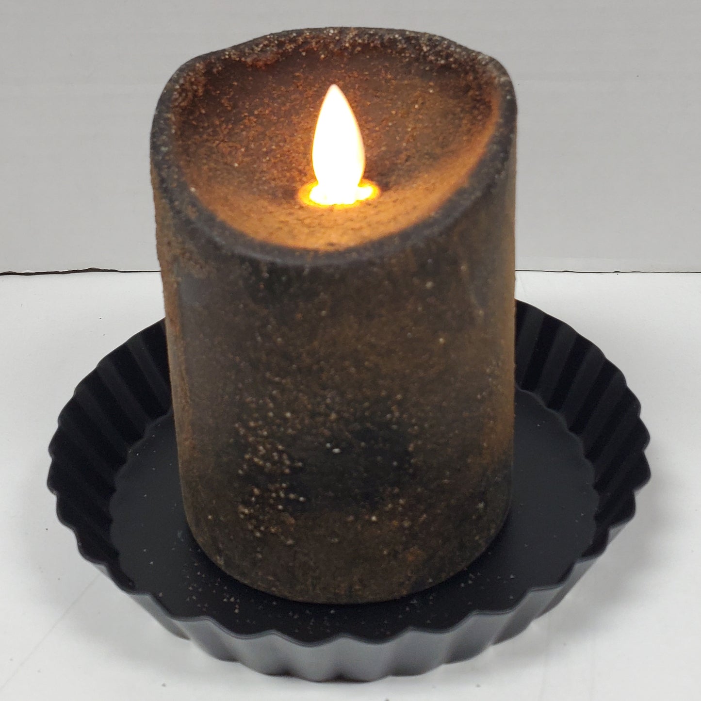 3" x 4" moving flame primitive brown pillar candle with timer feature