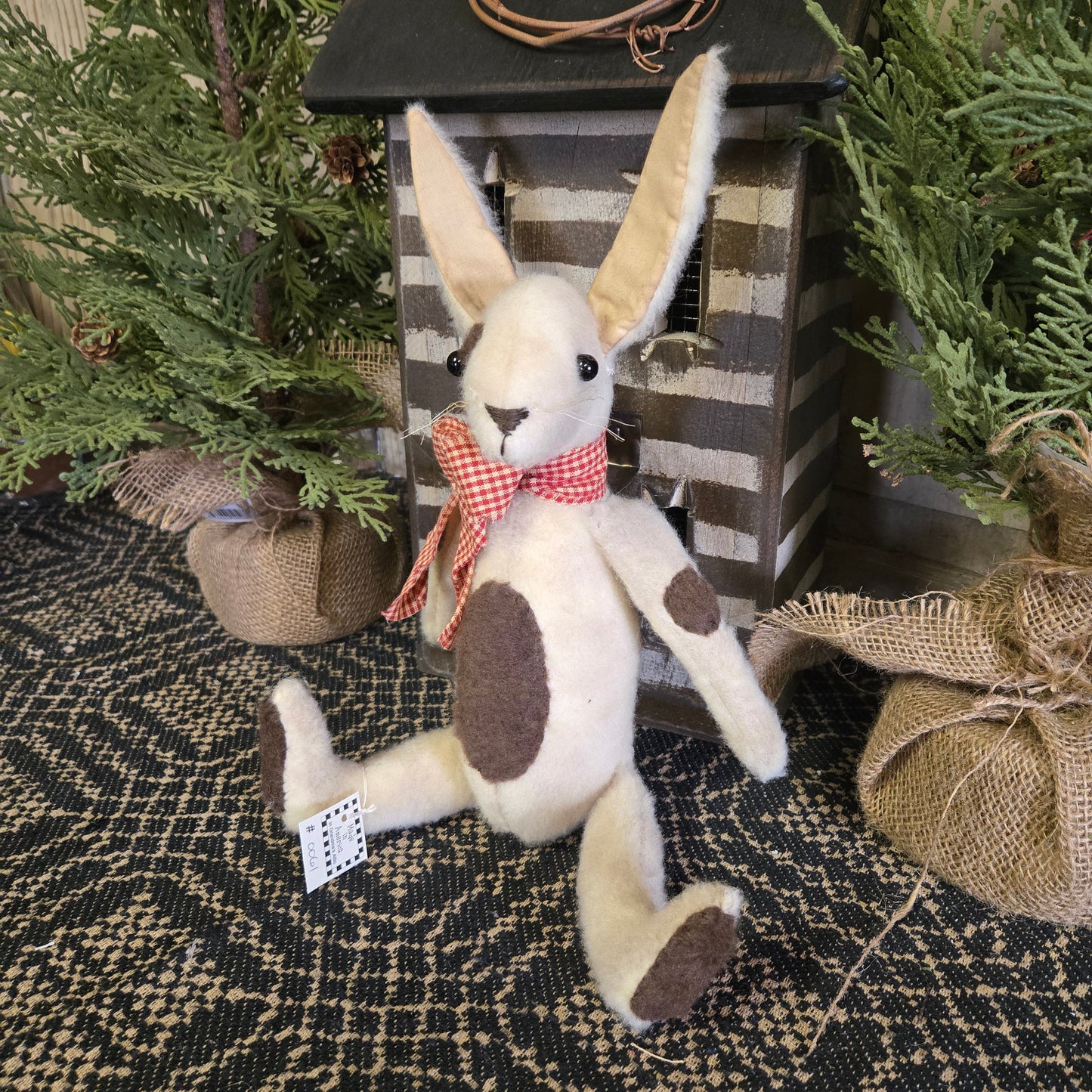Primitive Bunny with Gingham Scarf