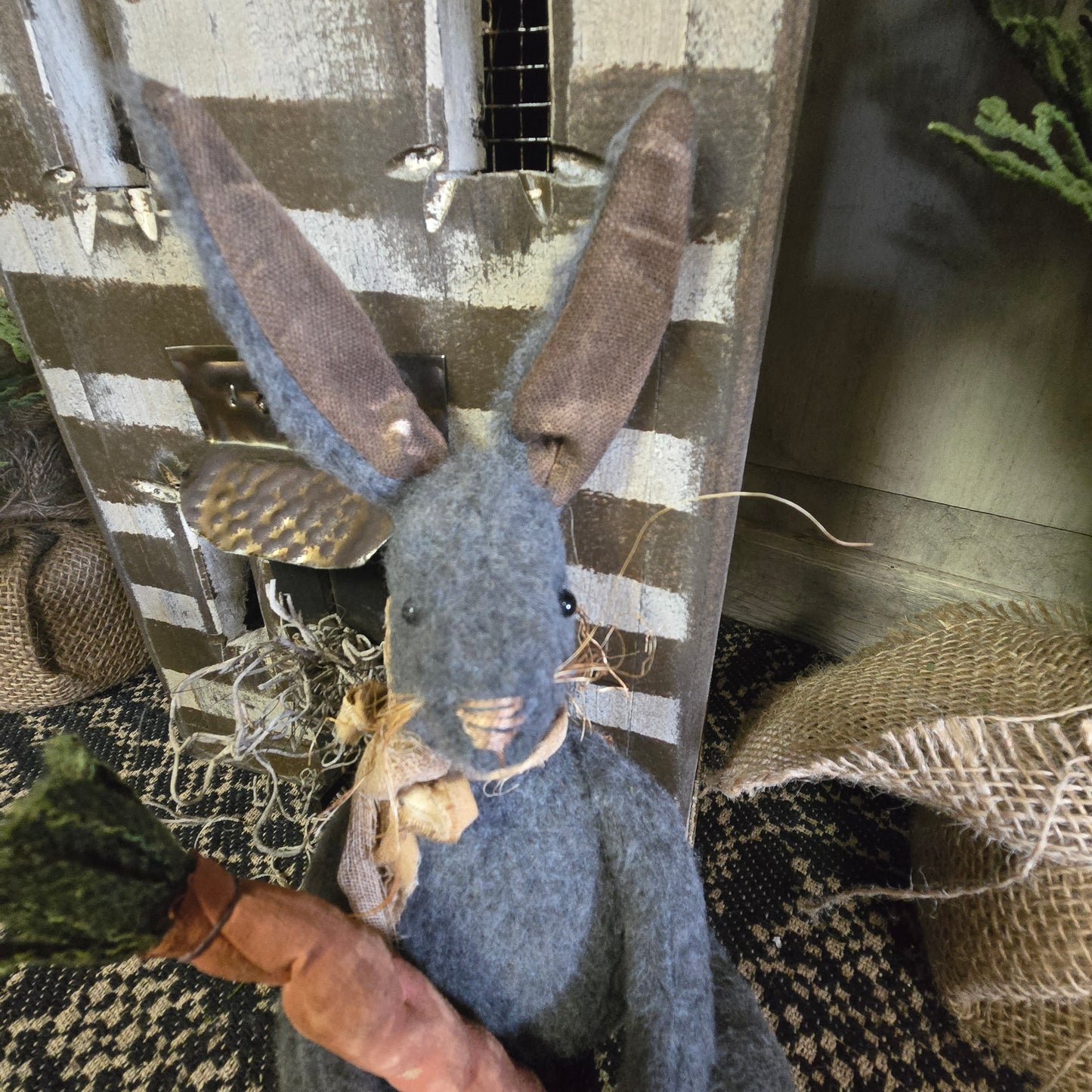 Primitive Gray Bunny Holding Carrot