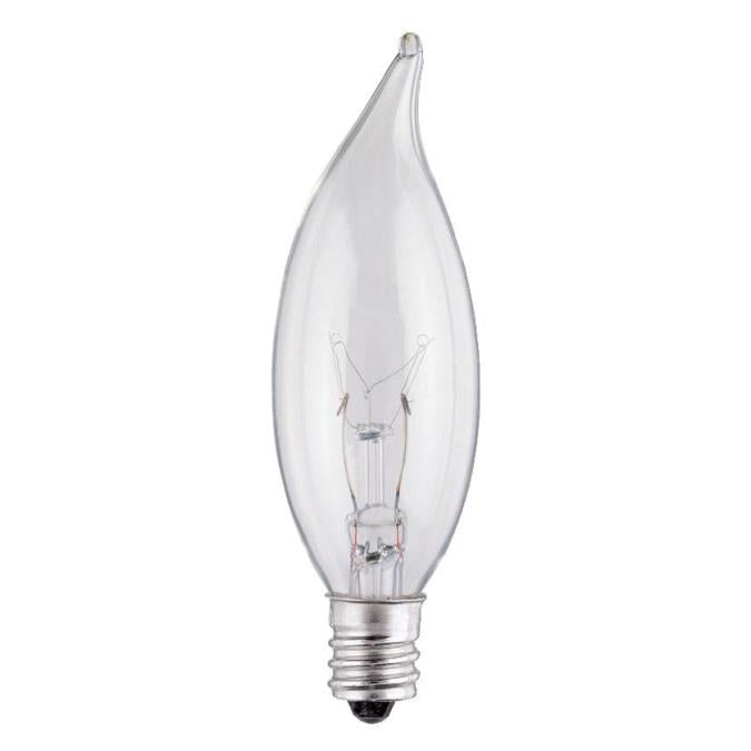Flame tip candelabra base bulb shown on a white background