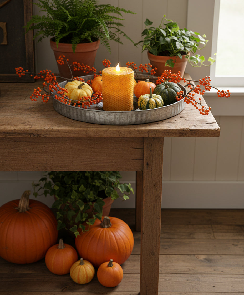 A mustard yellow honeycomb-patterned LED pillar candle with a flame on top, placed on a black surface.