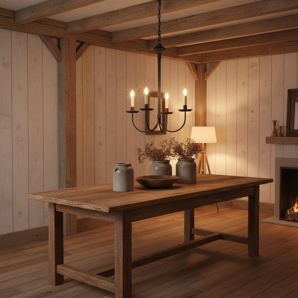 A textured black 4-arm chandelier with Ecru socket covers, featuring a ceiling plate over a table.