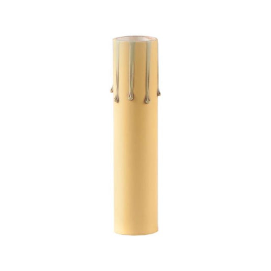 A ecru tan colored cardboard candle sleeve with a two-toned drip decoration around the top edge.
