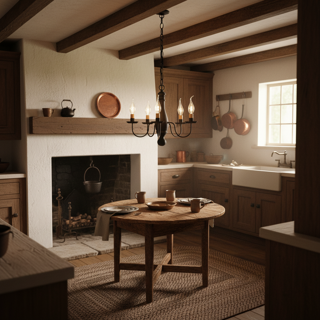 Cozy kitchen with wooden table, fireplace, and hanging pots.