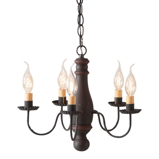 A black chandelier with red stripes, featuring textured arms and crimped pans, with five E12/Candelabra sockets.