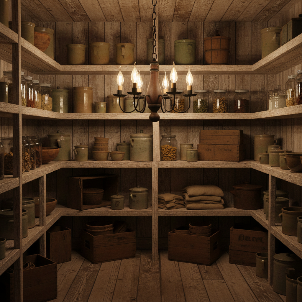 Wooden storage room with shelves filled with jars, pots, and boxes under a chandelier.