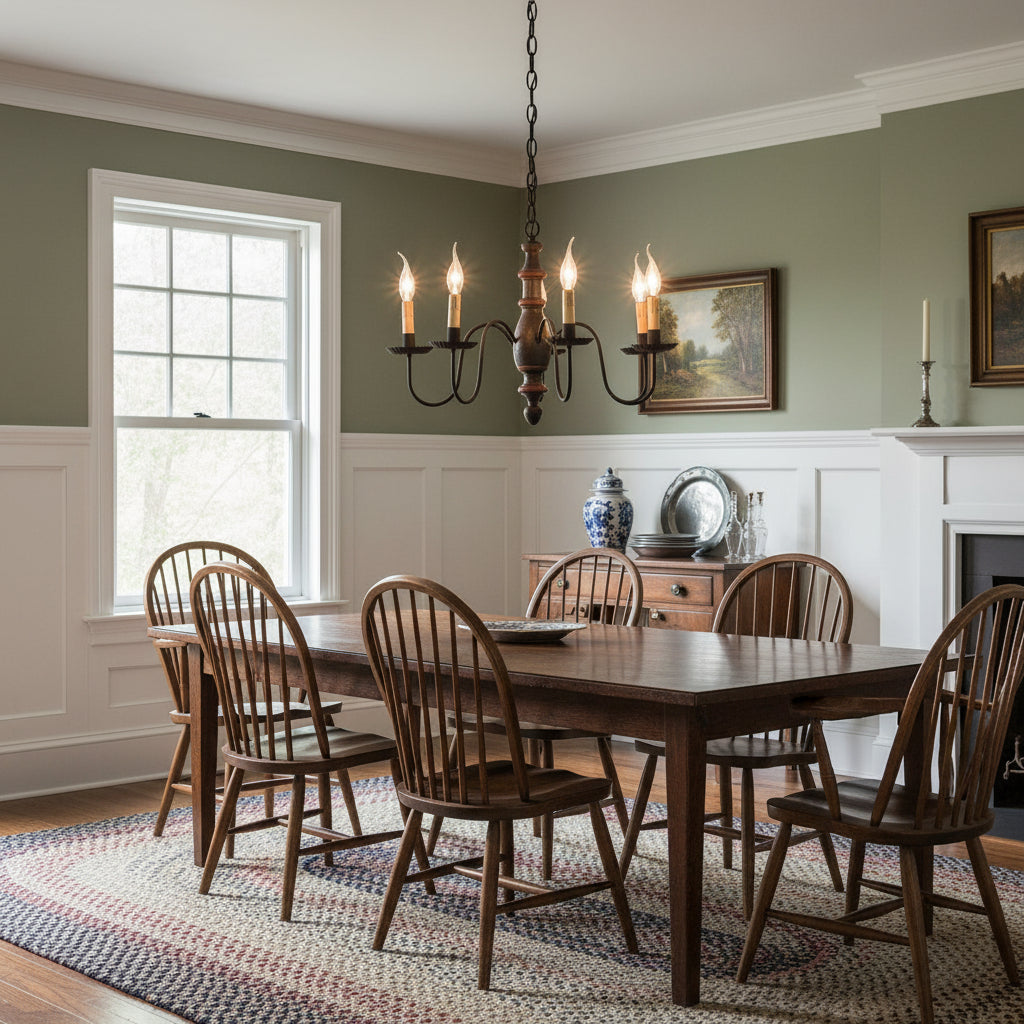 A midsized chandelier with a handspun body and extending arms, featuring a textured espresso finish with black textured arms and crimped pans, with E12/Candelabra sockets hanging over dining room table in a primitive home setting.