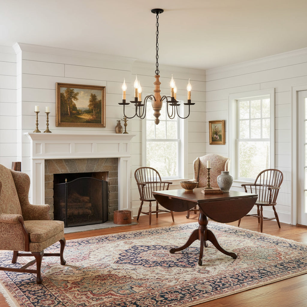 A midsized chandelier with a handspun body in pearwood color, featuring black textured arms and crimped pans, with five E12/Candelabra sockets hanging in a colonial living room.