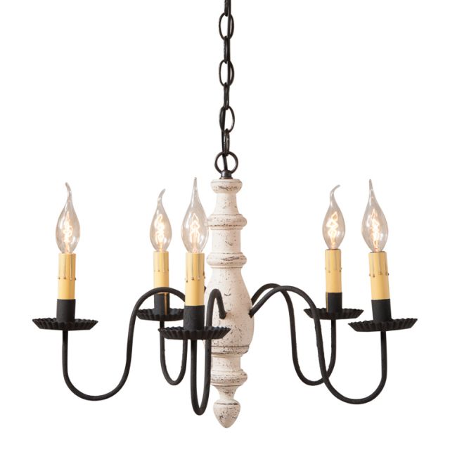A midsized chandelier with a handspun body in a vintage white finish and black textured arms with E12/Candelabra sockets.
